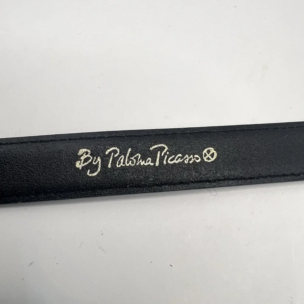 VTG Paloma Picasso Black Leather Belt Triple XXX Gold Tone Buckle S/70 Italy